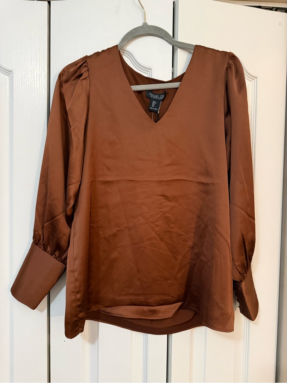 Rachel Zoe Copper-Brown Satin V-Neck Blouse